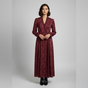 Vtg Handmade Maroon Metallic Floral Ruffle Maxi Dress Victorian Boho P2P 16-17"